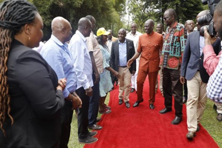 President Ruto received by local leaders led by SonySugar Board Chairman Hon Jared Kopiyo during a visit to the Company on 8th October 2023