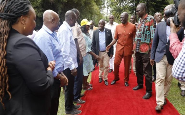 President Ruto received by local leaders led by SonySugar Board Chairman Hon Jared Kopiyo during a visit to the Company on 8th October 2023